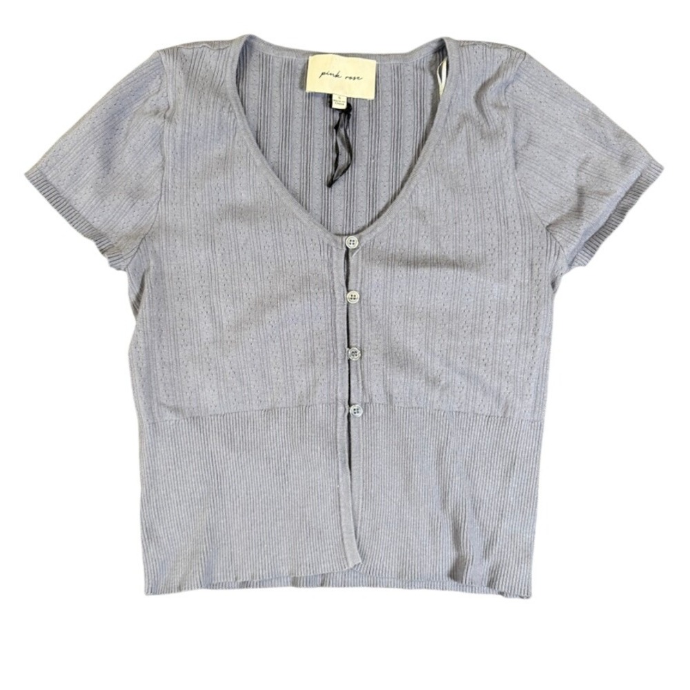 Pink Rose Lavender Pointelle Ribbed Button Front Short Sleeve Cardigan Small